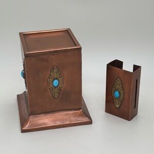 Vintage Art Deco Copper Office Art Set with Brass and Turquoise Accents